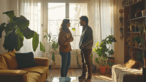 Twee vrienden of broers/zussen praten thuis in een lichte woonkamer, één toont zorg en aandacht.